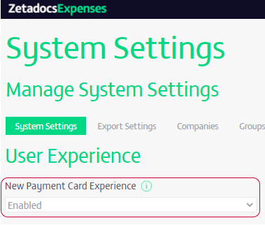 Zetadocs Expenses New Payment Card Experience System Settings